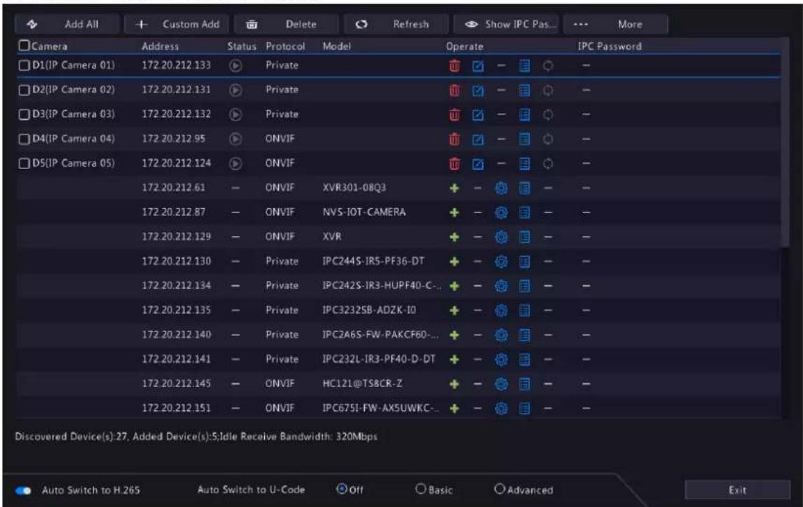 Add All Custom Add Delete Refresh Show IPC Pass... More Camera Address Status Protocol Model Operate IPC Password D1(IP Camera 01) 172.20.212.133 ▶ Private D2(IP Camera 02) 172.20.212.131 ▶ Private D3(IP Camera 03) 172.20.212.132 ▶ Private D4(IP Camera 04) 172.20.212.95 ▶ ONVIF D5(IP Camera 05) 172.20.212.124 ▶ ONVIF 172.20.212.61 — ONVIF XVR301-08Q3 + - - - 172.20.212.87 — ONVIF NVS-JOT-CAMERA + - - - 172.20.212.129 — ONVIF XVR + - - - 172.20.212.130 — Private IPC244S-IR5-PF36-DT + - - - 172.20.212.134 — Private IPC242S-IR3-HUPF40-C... + - - - 172.20.212.135 — Private IPC3232SB-ADZK-IO + - - - 172.20.212.140 — Private IPC2A6S-FW-PAKCF60... + - - - 172.20.212.141 — Private IPC232L-IR3-PF40-D-DT + - - - 172.20.212.145 — ONVIF HC121@TS8CR-Z + - - - 172.20.212.151 — ONVIF IPC675I-FW-AX5UWKC... + - - - Discovered Device(s): 27. Added Device(s): 5 Idle Receive Bandwidth: 320Mbps Auto Switch to H.265 Auto Switch to U-Code Off Basic Advanced Exit