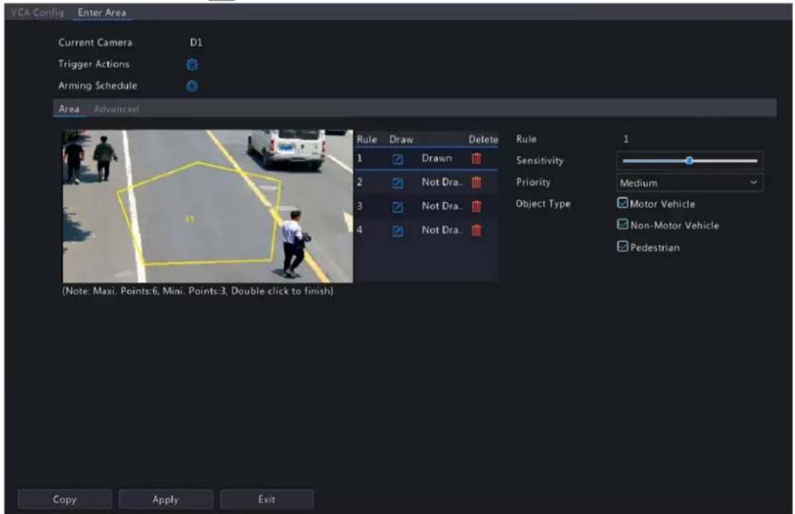 VCA Config Enter Area Current Camera D1 Trigger Actions Arming Schedule Area Advanced Rule Draw Delete 1 Drawn 2 Not Dra.. 3 Not Dra.. 4 Not Dra.. Rule 1 Sensitivity Medium Priority Object Type Motor Vehicle Non-Motor Vehicle Pedestrian (Note: Maxi. Points:6, Mini. Points:3, Double click to finish) Copy Apply Exit