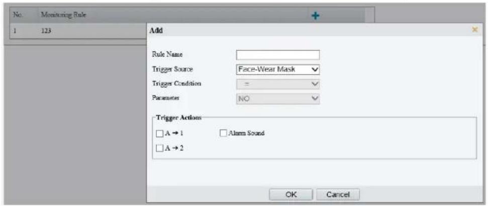 No. Monitoring Rule 1 123 Add Rule Name Trigger Source Face-Wear Mask Trigger Condition = Parameter NO Trigger Actions A → 1 Alarm Sound A → 2 OK Cancel