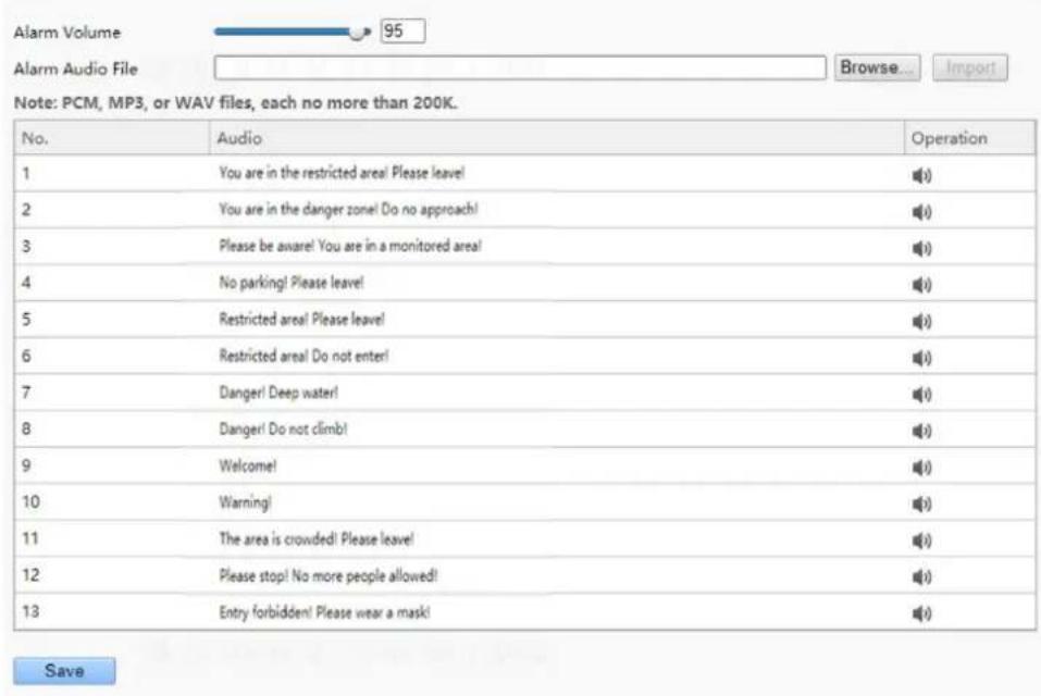 Alarm Volume 95 Alarm Audio File Browse... Import Note: PCM, MP3, or WAV files, each no more than 200K. No. Audio Operation 1 You are in the restricted area! Please leave! 2 You are in the danger zone! Do no approach! 3 Please be aware! You are in a monitored area! 4 No parking! Please leave! 5 Restricted area! Please leave! 6 Restricted area! Do not enter! 7 Danger! Deep water! 8 Danger! Do not climb! 9 Welcome! 10 Warning! 11 The area is crowded! Please leave! 12 Please stop! No more people allowed! 13 Entry forbidden! Please wear a mask! Save