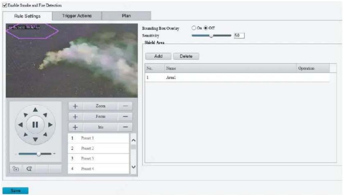Enable Smoke and Fire Detection Rule Settings Trigger Actions Plan 10.5m, 200mm 500mm Bounding Box Overlay ○ On ● Off Sensitivity 50 Shield Area Add Delete No.Name Operation 1 Areal Zoom - Focus - Iris - 1 Preset 1 2 Preset 2 3 Preset 3 4 Preset 4 Save