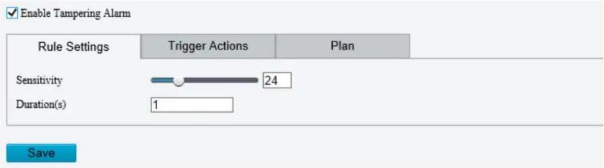 Enable Tampering Alarm Rule Settings Trigger Actions Plan Sensitivity 24 Duration(s) 1 Save