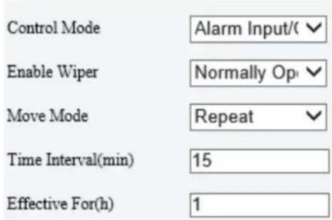 Control Mode Enable Wiper Move Mode Time Interval(min) Effective For(h) Alarm Input/( Normally Op Repeat 15 1