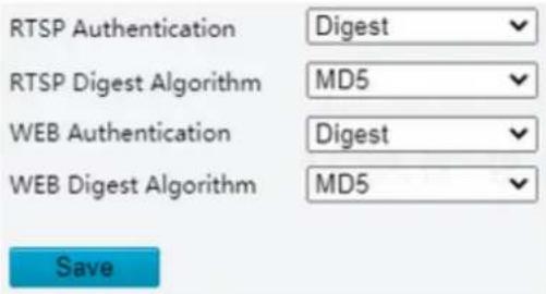 RTSP Authentication Digest RTSP Digest Algorithm MD5 WEB Authentication Digest WEB Digest Algorithm MD5 Save