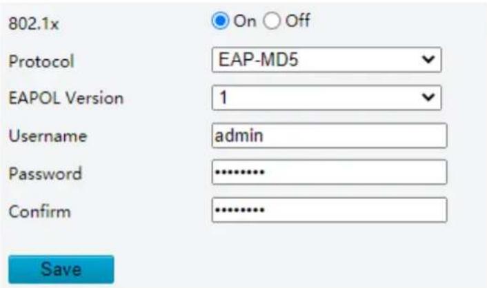 802.1x On Off Protocol EAP-MD5 EAPOL Version 1 Username admin Password ............. Confirm ............. Save