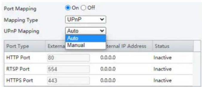 Port Mapping On Off Mapping Type UPnP Auto Auto UPnP Mapping Manual Port Type External Internal IP Address Status HTTP Port 80 0.0.0.0 Inactive RTSP Port 554 0.0.0.0 Inactive HTTPS Port 443 0.0.0.0 Inactive