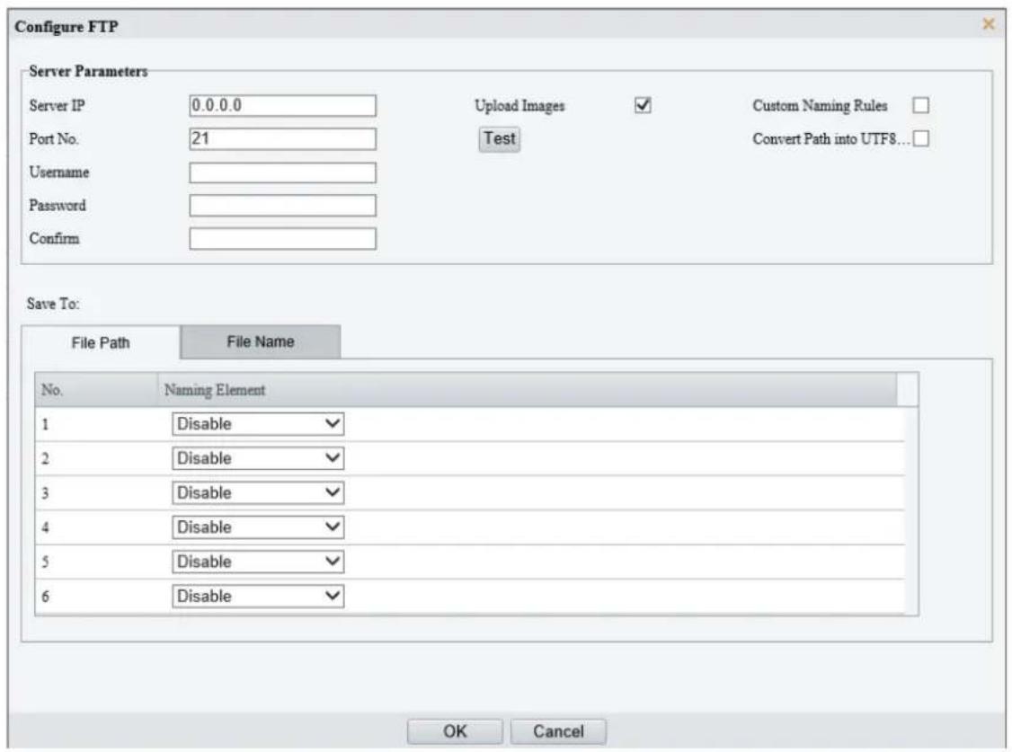 Configure FTP Server Parameters Server IP 0.0.0.0 Port No. 21 Username Password Confirm Upload Images ✓ Custom Naming Rules □ Test Convert Path into UTF8...□ Save To: File Path File Name No. Naming Element 1 Disable ✓ 2 Disable ✓ 3 Disable ✓ 4 Disable ✓ 5 Disable ✓ 6 Disable ✓ OK Cancel
