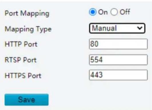 Port Mapping Mapping Type Manual HTTP Port 80 RTSP Port 554 HTTPS Port 443 Save