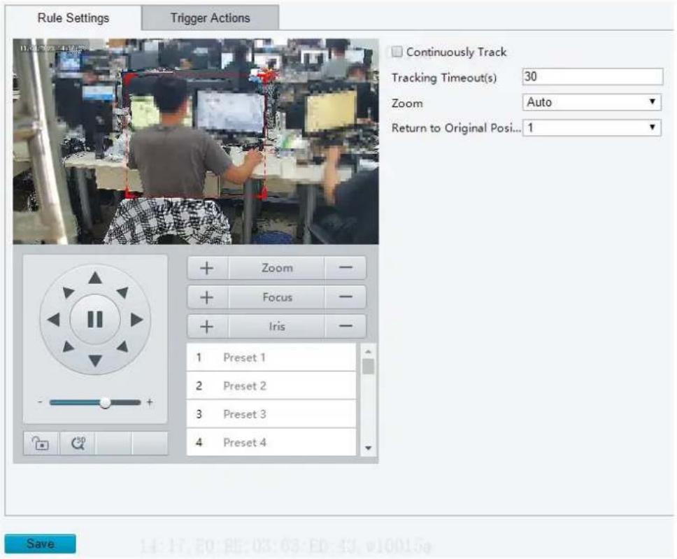 Rule Settings Trigger Actions Continuously Track Tracking Timeout(s) 30 Zoom Auto Return to Original Posi... 1 + Zoom - + Focus - + Iris - 1 Preset 1 2 Preset 2 3 Preset 3 4 Preset 4 Save 14:17, E0: RE: 03:63, E0: 43, v10015g