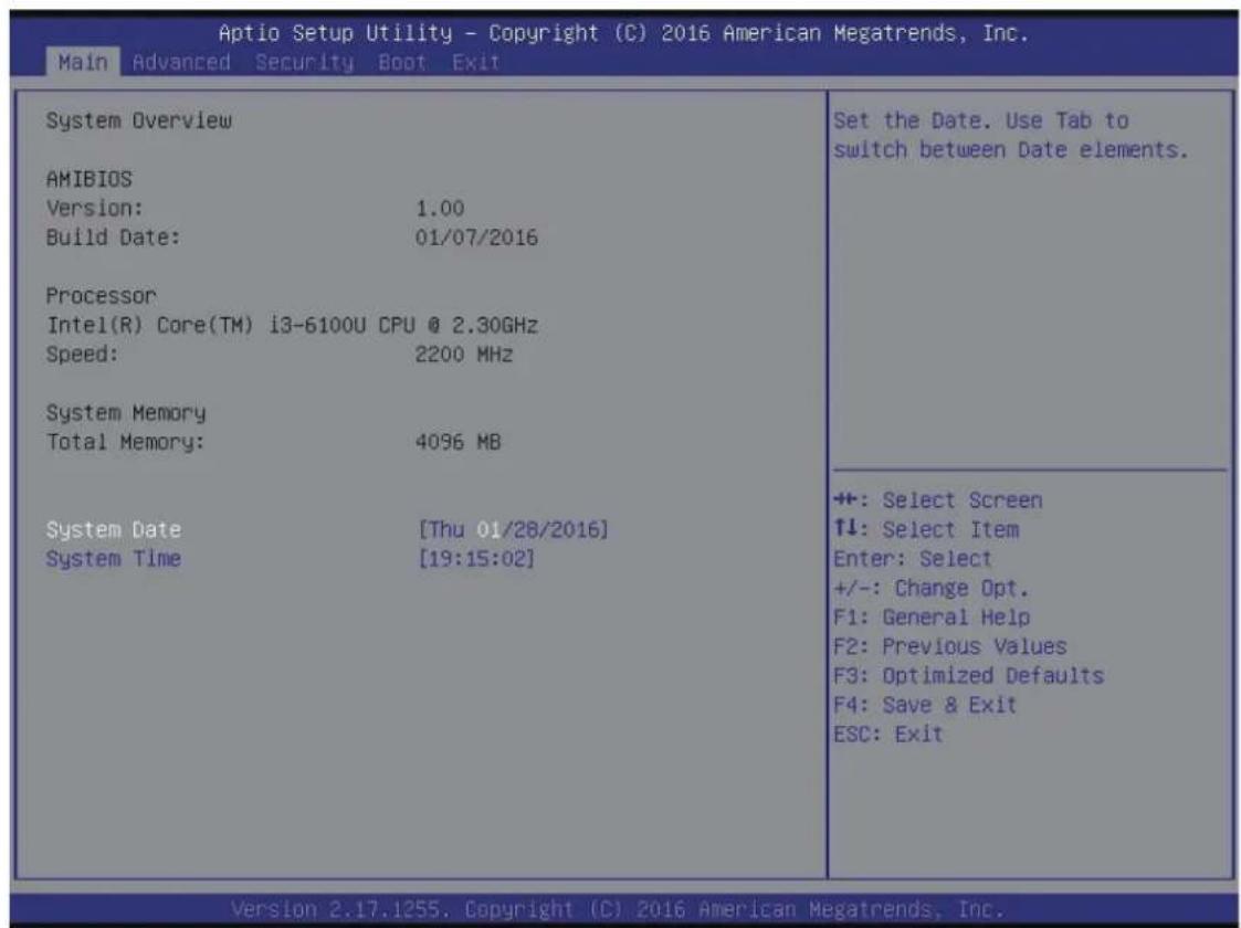 Aptio Setup Utility - Copyright (C) 2016 American Megatrends, Inc. Main Advanced Security Boot Exit System Overview AMIBIOS Version: 1.00 Build Date: 01/07/2016 Processor Intel(R) Core(TM) i3-6100U CPU @ 2.30GHz Speed: 2200 MHz System Memory Total Memory: 4096 MB System Date [Thu 01/28/2016] System…