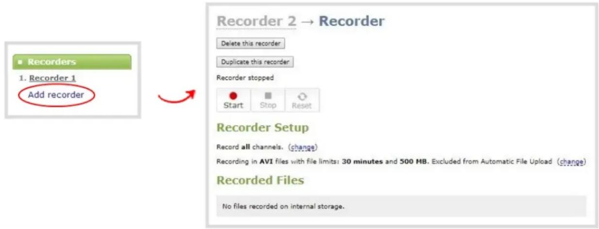 Recorder 2 → Recorder Delete this recorder Duplicate this recorder Recorder stopped Start Stop Reset Recorder Setup Record all channels. (change) Recording in AVI files with file limits: 30 minutes and 500 MB. Excluded from Automatic File Upload (change) Recorded Files No files recorded on internal storage.