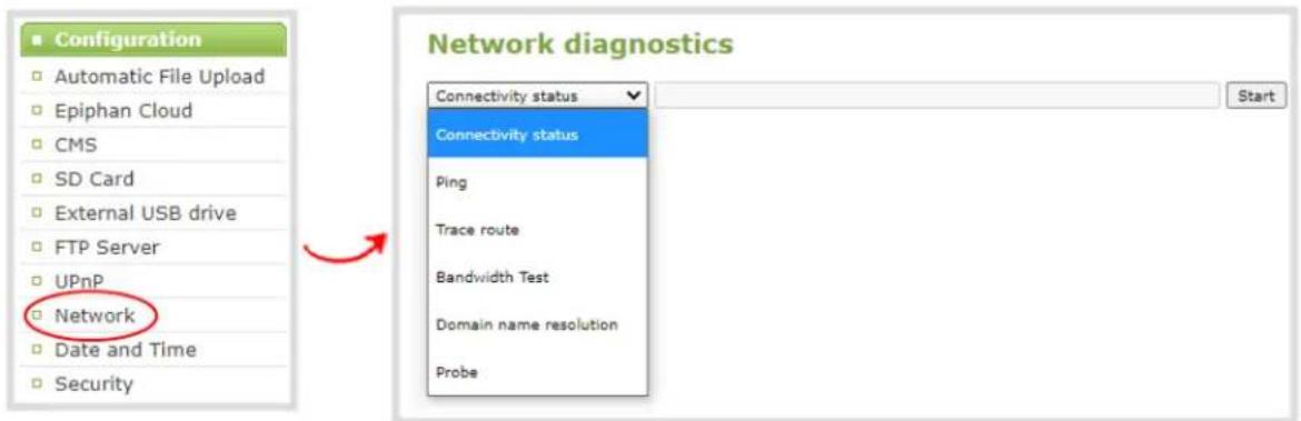 Configuration Automatic File Upload Epiphan Cloud CMS SD Card External USB drive FTP Server UPnP Network Date and Time Security Network diagnostics Connectivity status Connectivity status Ping Trace route Bandwidth Test Domain name resolution Probe Start