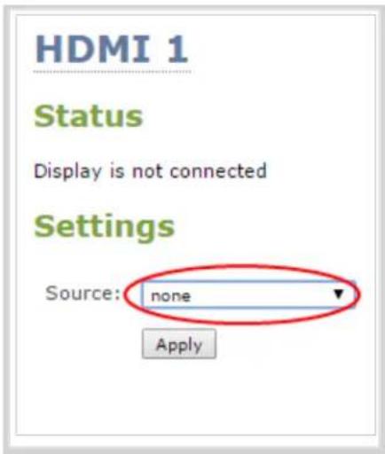 HDMI 1 Status Display is not connected Settings Source: none Apply