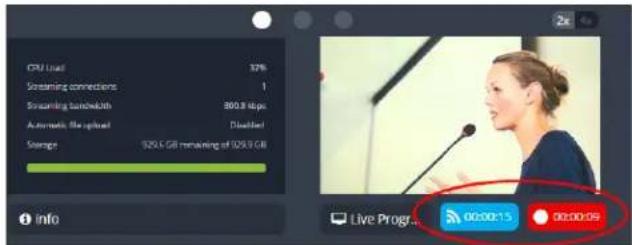CPU Load 37% Streaming connections 1 Streaming bandwidth 800.8 kbps Automatic file upload Disabled! Storage 920.6 GB remaining of 920.9 GB info Live Progrs 00:00:15 00:00:09