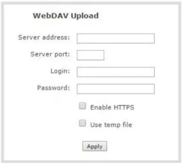 WebDAV Upload Server address: Server port: Login: Password: Enable HTTPS Use temp file Apply
