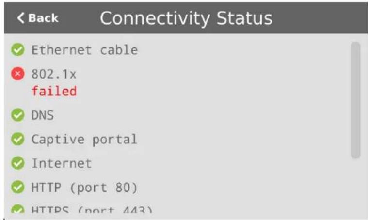 Back Connectivity Status ✓ Ethernet cable × 802.1x failed ✓ DNS ✓ Captive portal ✓ Internet ✓ HTTP (port 80) ✓ HTTPS (port 443)