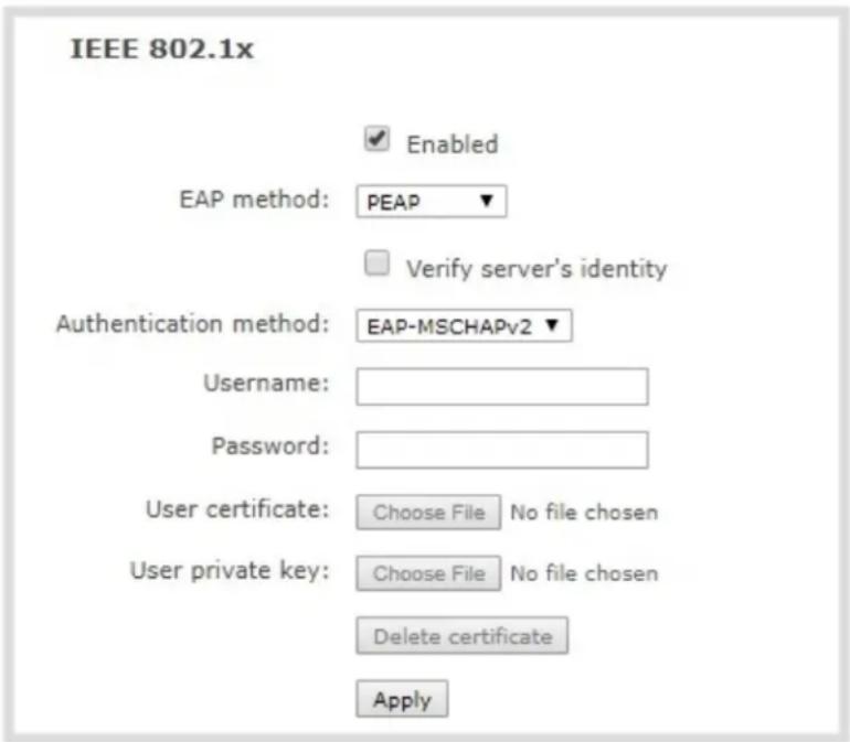 IEEE 802.1x Enabled EAP method: PEAP Verify server's identity Authentication method: EAP-MSCHAPv2 Username: Password: User certificate: Choose File No file chosen User private key: Choose File No file chosen Delete certificate Apply