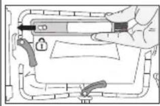 Diagram showing a hand holding a tool with a lock and a switch, illustrating a process or operation in a device.