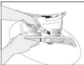 Illustration of hands using a tool to adjust or install a component, no text or symbols visible