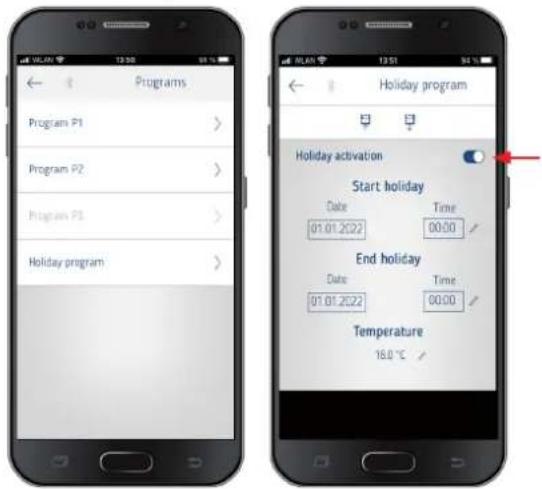 Programs Program P1 > Program P2 > Program P3 > Holiday program > Holiday program Start holiday Date Time 01.01.2022 00:00 End holiday Date Time 01.01.2022 00:00 Temperature 16.0 ℃