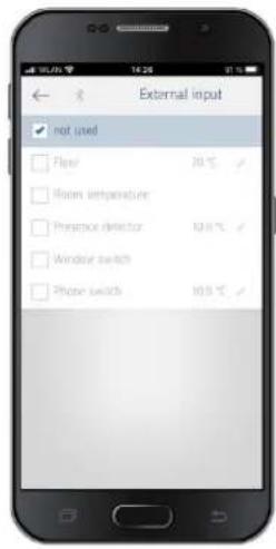 External input ✓ not used Flavor 20 °C ✓ Room temperature Presence detector 10.6 °C ✓ Window switch Phone switch 10.5 °C ✓