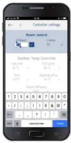 Controller settings Room control 2-Boxt 1-arm 10 Outdoor Temp Controller Low temp 25 °C End point 60 °C Skin 5 kV Heating off or 35 °C Room Influence 2 kV 1 2 3 4 5 6 7 8 9 0 - / : : ( ) € & @ " ABC Leerzeichen Fertig