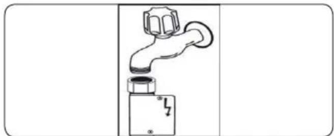 Diagram of a faucet with a valve and base, showing electrical connections (no text or symbols)