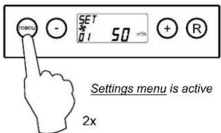 menu SET 01 50 m³/min + R Settings menu is active 2x