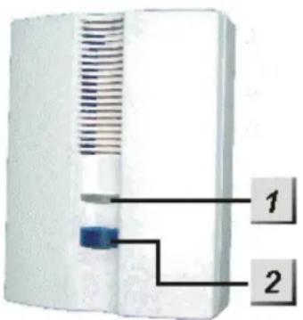 Diagram of a device with labeled parts, showing a component with two numbered parts and a blue indicator block.