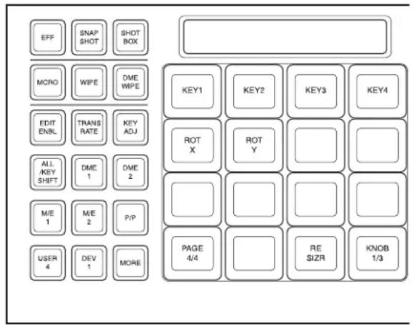 EFF SNAP SHOT SHOT BOX MORO WIPE DME WIPE EDIT ENBL TRANS RATE KEY ADJ ALL /KEY SHIFT DME 1 DME 2 M/E 1 M/E 2 P/P USER 4 DEV 1 MORE KEY1 KEY2 KEY3 KEY4 ROT X ROT Y PAGE 4/4 RESIZR KNOB 1/3