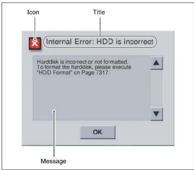 Icon Title Internal Error: HDD is incorrect Harddisk is incorrect or not formatted. To format the harddisk, please execute "HDD Format" on Page 7317. OK Message