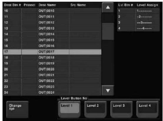 Dest Btn # Protect Dest Name Src Name 10 OUT[0010] 11 OUT[0011] 12 OUT[0012] 13 OUT[0013] 14 OUT[0014] 15 OUT[0015] 16 OUT[0016] 17 OUT[0017] 18 OUT[0018] 19 OUT[0019] 20 OUT[0020] 21 OUT[0021] 22 OUT[0022] 23 OUT[0023] 24 OUT[0024] Level Btn # Level Assign 1 1---- 2 -2---- 3 --3---- 4 --4---- Level Button No Change Xpl Level 1 Level 2 Level 3 Level 4