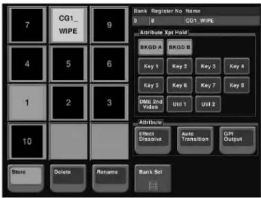 7 CG1_ WIPE 9 4 5 6 1 2 3 10 Store Delete Rename Bank Register No. Name 0 8 CG1 WIPE Attribute Xpt Hold BKGD A BKGD B Key 1 Key 2 Key 3 Key 4 Key 5 Key 6 Key 7 Key 8 DME 2nd Video Util 1 Util 2 Attribute Effect Dissolve Auto Transition GPN Output Bank Set