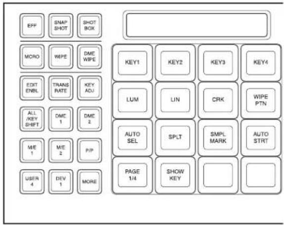 EFF SNAP SHOT SHOT BOX MORO WIPE DME WIPE EDIT ENBL TRANS RATE KEY ADJ ALL /KEY SHIFT DME 1 DME 2 ME 1 M/E 2 P/P USER 4 DEV 1 MORE KEY1 KEY2 KEY3 KEY4 LUM LIN CRK WIPE PTN AUTO SEL SPLT SMPL MARK AUTO STRT PAGE 1/4 SHOW KEY