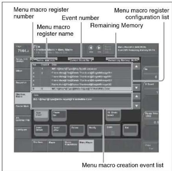 Menu macro register number Event number Menu macro register configuration list Menu macro register name Remaining Memory File Photo Macro > Menu Macro Event Number 7144.2 Menu Macron 1 (MACRO) Event Nt. Recruiting Memory Nt. No. Name Event # Grid 5 MFC @User/NTPage@MFC System Configuration 2 Frame sharing @TingDevice: Throughout @Ting device@macron301 3 Frame sharing @TingDevice: Throughout @Ting device@macron300 4 Frame sharing @TingDevice: Throughout @Ting device@macron301 5 Frame sharing @TingDevice: Throughout @Ting device@macron300 6 MFC @User/NTPage@MFC System Configuration @Ting System Configuration Name MFC @User/NTPage@MFC System Configuration @ Macron300 Color File Edit View Insert Help All Given Correct Play Time On 0:1 Menu macro creation event list
