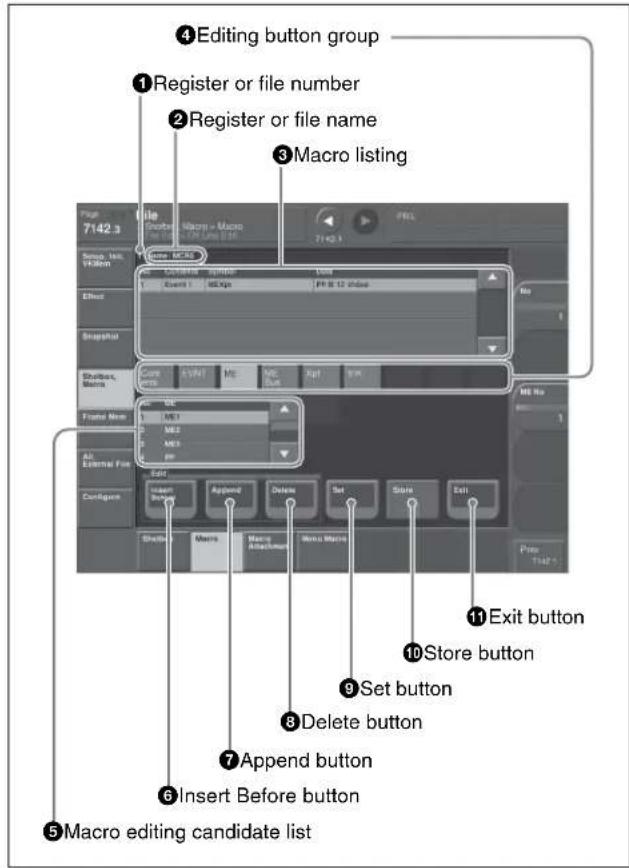 ④Editing button group ①Register or file number ②Register or file name ③Macro listing File Edit 7142.3 Macrop - Macrop 7142.3 Enter File Name Edit EFFECT Snapchat Shelter, Macro Frame Mem All External Fox Configure Edit Enter Button Append Delete Set Store Exit Macro Macro AdapterButton Menu Macro ⑪Exit button ⑩Store button ⑨Set button ③Delete button ⑦Append button ⑥Insert Before button ⑤Macro editing candidate list