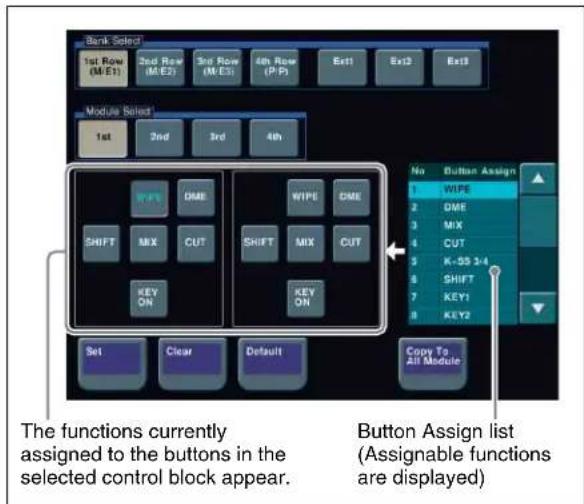 Bank Select 1st Row (M/E1) 2nd Row (M/E2) 3rd Row (M/E3) 4th Row (P/Pi) Exit1 Exit2 Exit3 Module Select 1st 2nd 3rd 4th SHIFT MIX CUT SHIFT MIX CUT KEY ON KEY ON Set Clear Default Copy To All Module No Button Assign 1 WIPE 2 DME 3 MIX 4 CUT 5 K-SS 3-4 6 SHIFT 7 KEY1 8 KEY2 The functions currently assigned to the buttons in the selected control block appear. Button Assign list (Assignable functions are displayed)