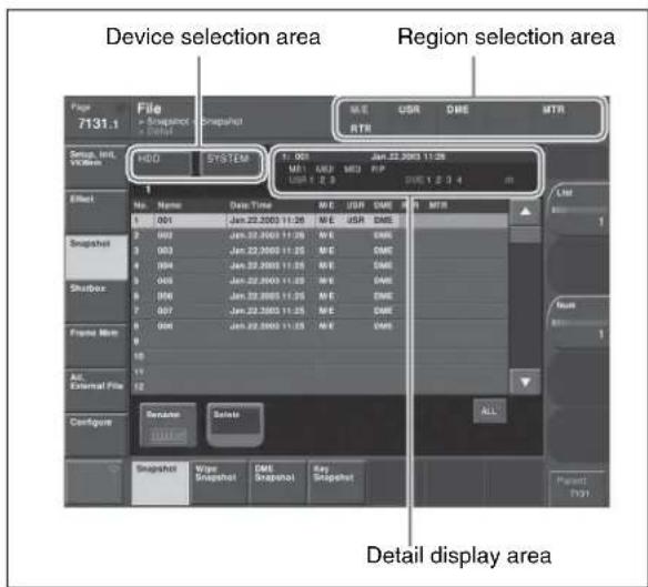 Device selection area Region selection area Detail display area