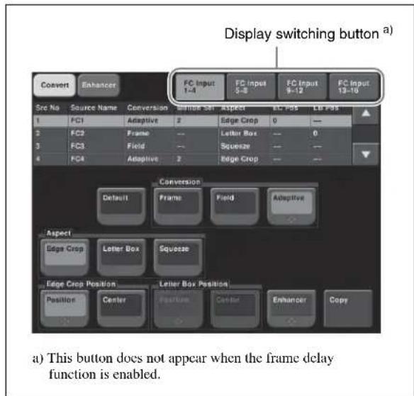 Display switching button a) Convert Enhancer FC Input 1-4 FC Input 5-8 FC Input 9-12 FC Input 13-16 Src No Source Name Conversion Sample Set Aspect EC PS6 LB PS8 1 FC1 Adaptive 2 Edge Crop 0 — 3 FC2 Frame — Letter Box — 0 3 FC3 Field — Squeeze — — 4 FC4 Adaptive 2 Edge Crop — — Conversion Default Frame Field Adaptive Aspect Edge Crop Letter Box Squeeze Edge Crop Position Letter Box Position Position Center Position Center Enhancer Copy a) This button does not appear when the frame delay function is enabled.