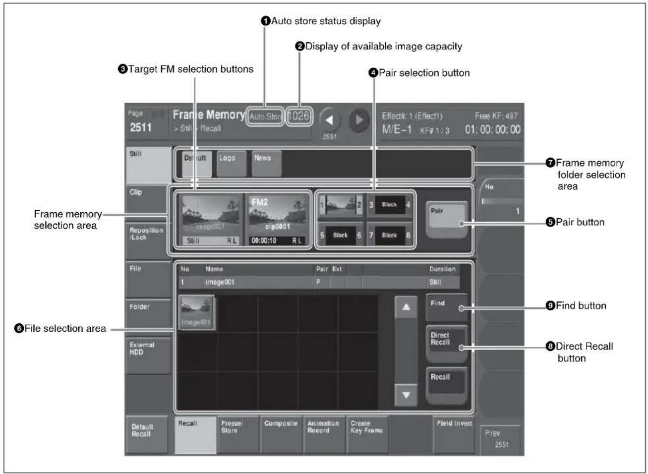 ①Auto store status display ②Display of available image capacity ③Target FM selection buttons ④Pair selection button Frame Memory Auto Store 1026 Effect# 1 (Effect1) Free KF: 497 M/E-1 KF# 1/3 01:00:00:00 551 3551 Still Default Logo News Frame memory selection area Clip Reposition /Lock FM2 clip0001 1 Black 3 Black 4 Pair 5 Black 6 Black 8 File No Name Pair Ext Duration 1 image001 P Still Folder Image001 Find Direct Recall External HDD Recall Default Recall Recall Freeze Store Composite Animation Record Create Key Frame Field Invert Prev 2551 File selection area ⑦Frame memory folder selection area ⑤Pair button ⑨Find button ⑧Direct Recall button