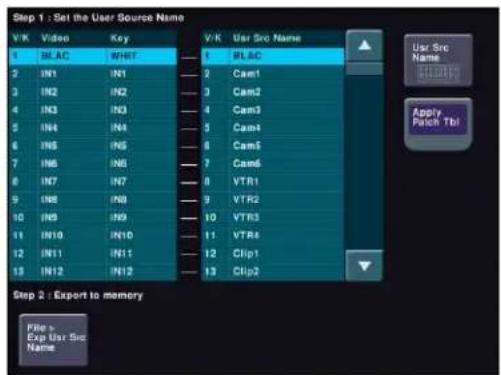 Step 1 : Set the User Source Name V/K Video Key V/K User Src Name 1 BLAC WHF 1 BLAC 2 IN1 IN1 2 Cam1 3 IN2 IN2 3 Cam2 4 IN3 IN3 4 Cam3 5 IN4 IN4 5 Cam4 6 IN5 IN5 6 Cam5 7 IN6 IN6 7 Cam6 8 IN7 IN7 8 VTR1 9 IN8 IN8 9 VTR2 10 IN9 IN9 10 VTR3 11 IN10 IN10 11 VTR4 12 IN11 IN11 12 Clip1 13 IN12 IN12 13 Clip2 Step 2 : Export to memory File > Exp User Src Name