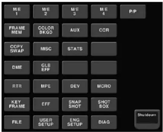 M/E 1 FRAME MEM COLOR BKGD AUX CCR COPY SWAP MISC STATS DME GLB EFF RTR MPE DEV MCRO KEY FRAME EFF SNAP SHOT SHOT BOX FILE USER SETUP ENG SETUP DIAG P/P Shutdown