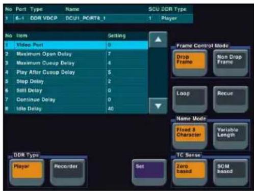 No Port Type Name SCU DDR Type 1 6-1 DDR VDCP DCU1 PORT8.1 1 Player No Item Setting 1 Video Port 0 2 Maximum Open Delay 7 3 Maximum Coup Delay 4 4 Play After Coup Delay 5 5 Step Delay 2 6 Sali Delay 0 7 Continue Delay 0 8 Idle Delay 40 Frame Control Mode Drop Frame Non Drop Frame Loop Recue Name Mode Fixed & Character Variable Length DDR Type TC Sense Player Recorder Set Zero Based SOM Based
