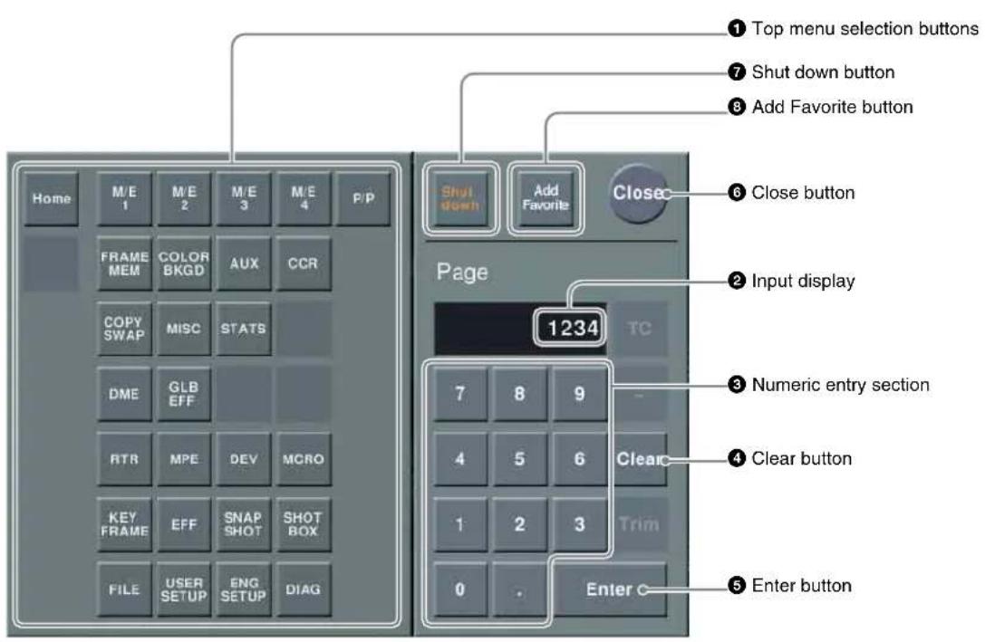 Home M/E 1 M/E 2 M/E 3 M/E 4 P/P FRAME MEM COLOR BKGD AUX CCR COPY SWAP MISC STATS DME GLB EFF RTR MPE DEV MCRO KEY FRAME EFF SNAP SHOT SHOT BOX FILE USER SETUP ENG SETUP DIAG ① Top menu selection buttons ⑦ Shut down button ⑧ Add Favorite button ⑥ Close button Shut down Add Favorite Closec Page 1234 ② Input display 7 8 9 TC ③ Numeric entry section 4 5 6 Clear ④ Clear button 1 2 3 Trim 0 Enter C ⑤ Enter button