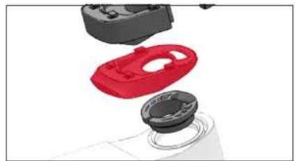 Exploded view of a red and black plastic device with a ring base (no text or symbols visible)