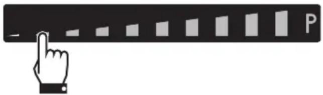 Hand cursor pointing at a bar chart labeled 'P' with gray bars, likely indicating a status or progress indicator.