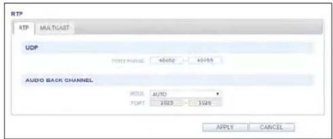 RTP RTP MULTICAST UDP PORT NAME 40400 40195 AUDIO BACK CHANNEL MODE AUTO PORT 1025 1026 APPLY CANCEL