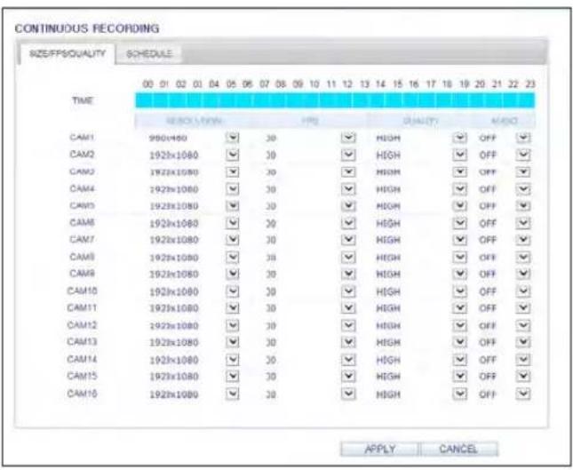 CONTINUOUS RECORDING SIZE/PSQUALITY SCHEDULE TIME 00 01 02 03 04 05 06 07 08 09 10 11 12 13 14 15 16 17 18 19 20 21 22 23 REQUENCY PRO QUALITY AUDIO CAM1 980x480 30 HIGH OFF CAM2 1925x1080 30 HIGH OFF CAM3 1925x1080 30 HIGH OFF CAM4 1925x1080 30 HIGH OFF CAM5 1925x1080 30 HIGH OFF CAM6 1925x1080 30 HIGH OFF CAM7 1925x1080 30 HIGH OFF CAM8 1925x1080 30 HIGH OFF CAM9 1925x1080 30 HIGH OFF CAM10 1925x1080 30 HIGH OFF CAM11 1925x1080 30 HIGH OFF CAM12 1925x1080 30 HIGH OFF CAM13 1925x1080 30 HIGH OFF CAM14 1925x1080 30 HIGH OFF CAM15 1925x1080 30 HIGH OFF CAM16 1925x1080 30 HIGH OFF APPLY CANCEL