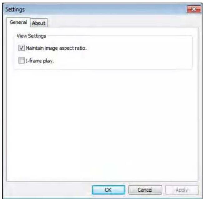 Settings General About View Settings ✓ Maintain image aspect ratio. □ 1-frame play. OK Cancel Apply