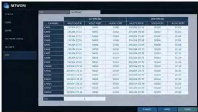 NETWORK VOLUME CHANNELS 12# STREAM 2ND STREAM MULTICAST IP VIDEO PORT AUDIO PORT MULTICAST IP VIDEO PORT AUDIO PORT CAM1 CAM2 CAM3 CAM4 CAM5 CAM6 CAM7 CAM8 CAM9 CAM10 CAM11 CAM12 CAM13 CAM14 CAM15 CAM16 TTL CAME11 APP13 ECON